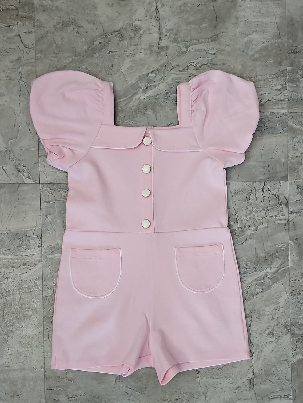 Janie and Jack Pale Pink Puff Sleeve Romper with Front Buttons